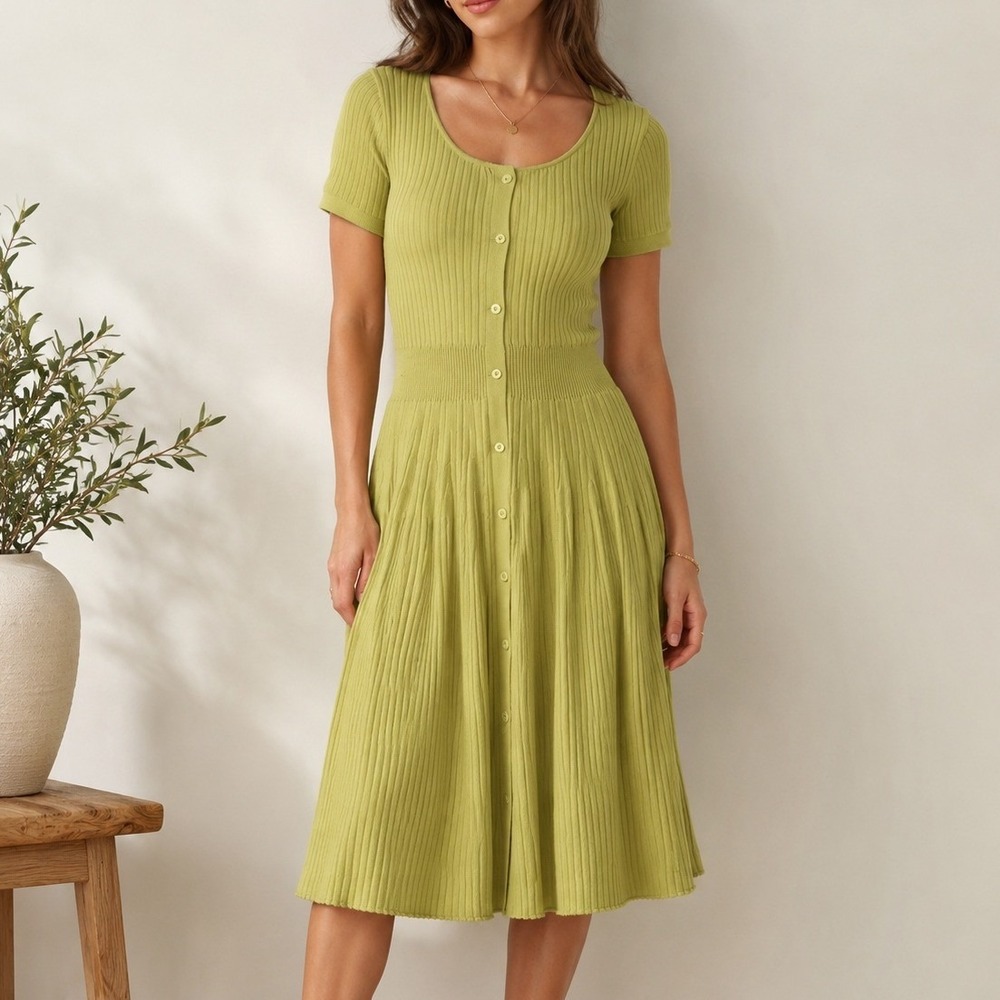 The Modern Abstract Cable Knit Sweater Dress, LARGE Lime Green Colorful Office